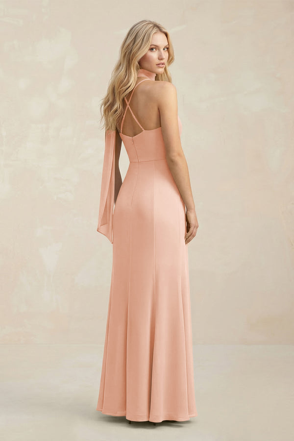 Cowl Neck Sheath Chiffon Maxi Bridesmaid Dress With Ribbon in English Rose - SHE IS ME Bridesmaid Dresses