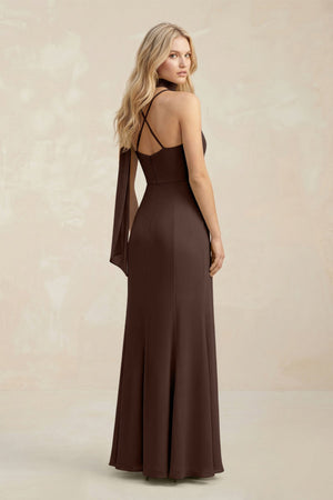 Cowl Neck Sheath Chiffon Maxi Bridesmaid Dress With Ribbon in Espresso - SHE IS ME Bridesmaid Dresses