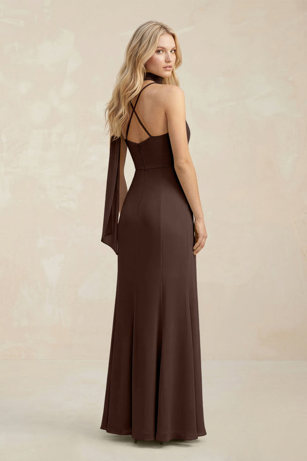 Cowl Neck Sheath Chiffon Maxi Bridesmaid Dress With Ribbon in Espresso - SHE IS ME Bridesmaid Dresses