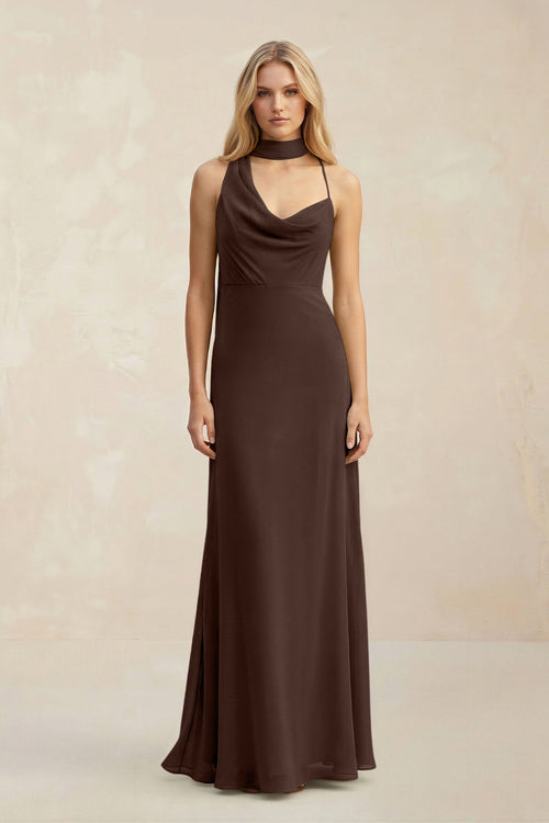 Cowl Neck Sheath Chiffon Maxi Bridesmaid Dress With Ribbon in Espresso - SHE IS ME Bridesmaid Dresses