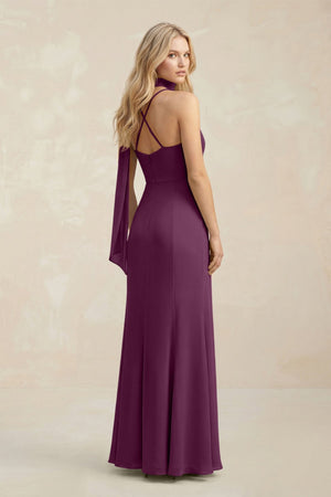 Cowl Neck Sheath Chiffon Maxi Bridesmaid Dress With Ribbon in Fig - SHE IS ME Bridesmaid Dresses