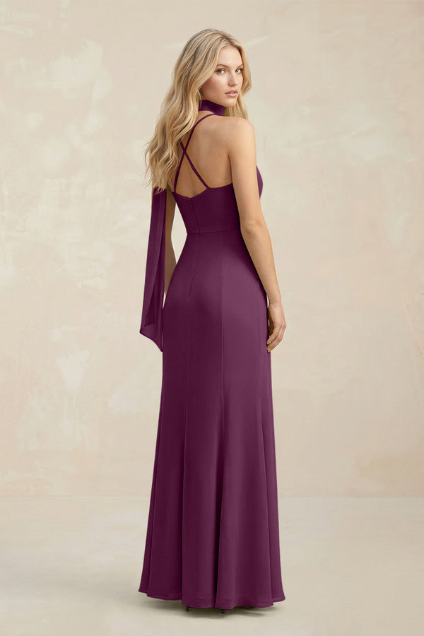 Cowl Neck Sheath Chiffon Maxi Bridesmaid Dress With Ribbon in Fig - SHE IS ME Bridesmaid Dresses