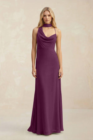 Cowl Neck Sheath Chiffon Maxi Bridesmaid Dress With Ribbon in Fig - SHE IS ME Bridesmaid Dresses