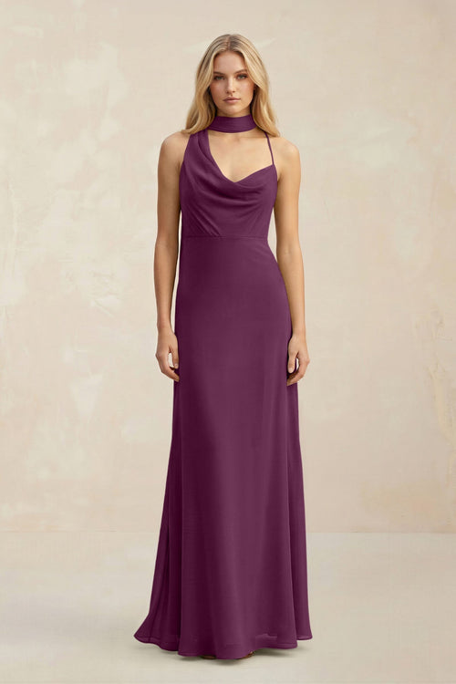 Cowl Neck Sheath Chiffon Maxi Bridesmaid Dress With Ribbon in Fig - SHE IS ME Bridesmaid Dresses