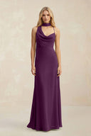 Cowl Neck Sheath Chiffon Maxi Bridesmaid Dress With Ribbon in Fig | KISSBRIDAL
