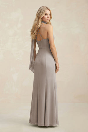 Cowl Neck Sheath Chiffon Maxi Bridesmaid Dress With Ribbon in Frost (2) | KISSBRIDAL