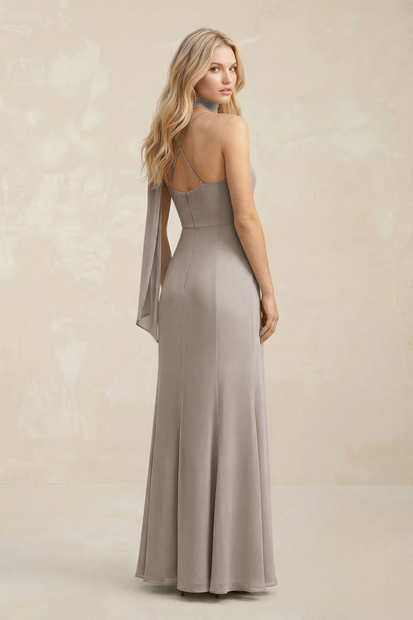 Cowl Neck Sheath Chiffon Maxi Bridesmaid Dress With Ribbon in Frost (2) | KISSBRIDAL
