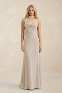 Cowl Neck Sheath Chiffon Maxi Bridesmaid Dress With Ribbon in Frost - SHE IS ME Bridesmaid Dresses