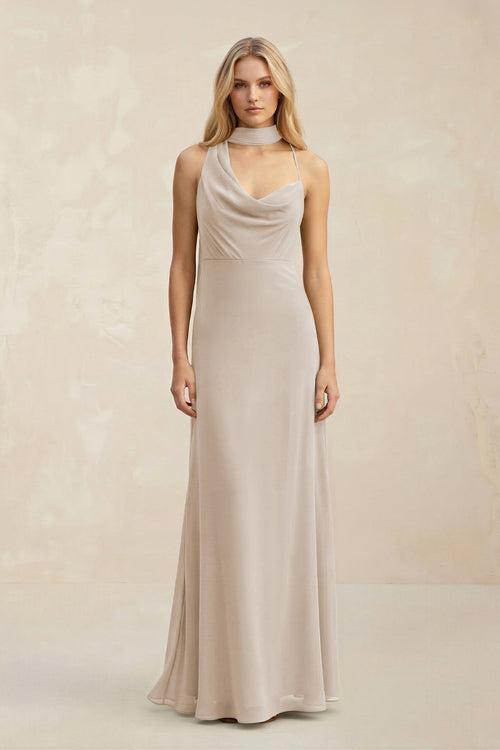 Cowl Neck Sheath Chiffon Maxi Bridesmaid Dress With Ribbon in Frost - SHE IS ME Bridesmaid Dresses
