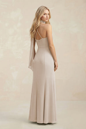 Cowl Neck Sheath Chiffon Maxi Bridesmaid Dress With Ribbon in Frost - SHE IS ME Bridesmaid Dresses
