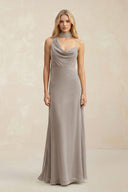 Cowl Neck Sheath Chiffon Maxi Bridesmaid Dress With Ribbon in Frost | KISSBRIDAL