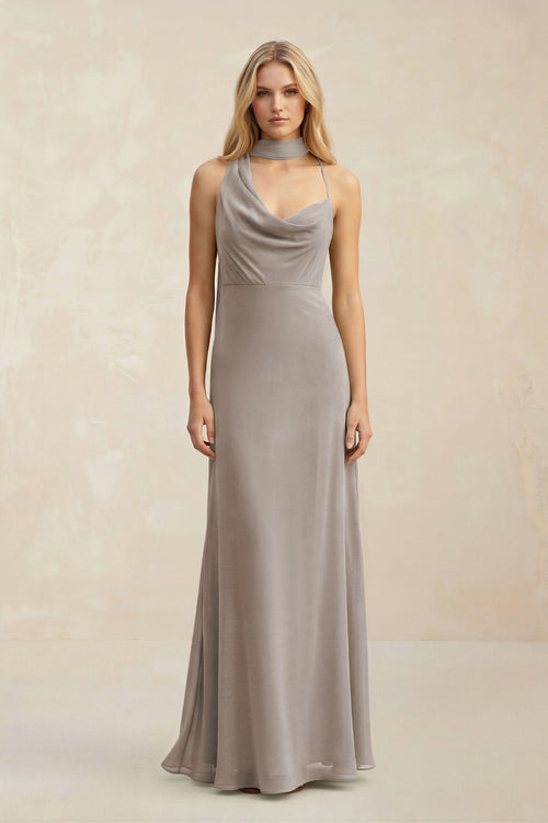 Cowl Neck Sheath Chiffon Maxi Bridesmaid Dress With Ribbon in Frost | KISSBRIDAL