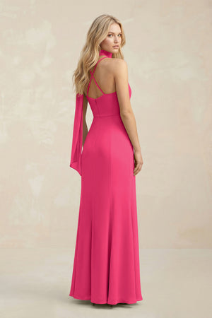 Cowl Neck Sheath Chiffon Maxi Bridesmaid Dress With Ribbon in Fuchsia (2) | KISSBRIDAL