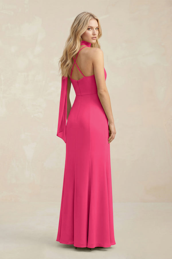 Cowl Neck Sheath Chiffon Maxi Bridesmaid Dress With Ribbon in Fuchsia (2) | KISSBRIDAL