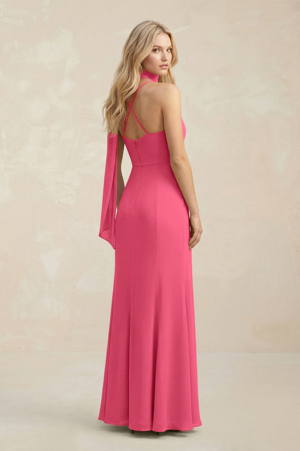Cowl Neck Sheath Chiffon Maxi Bridesmaid Dress With Ribbon in Fuchsia - SHE IS ME Bridesmaid Dresses