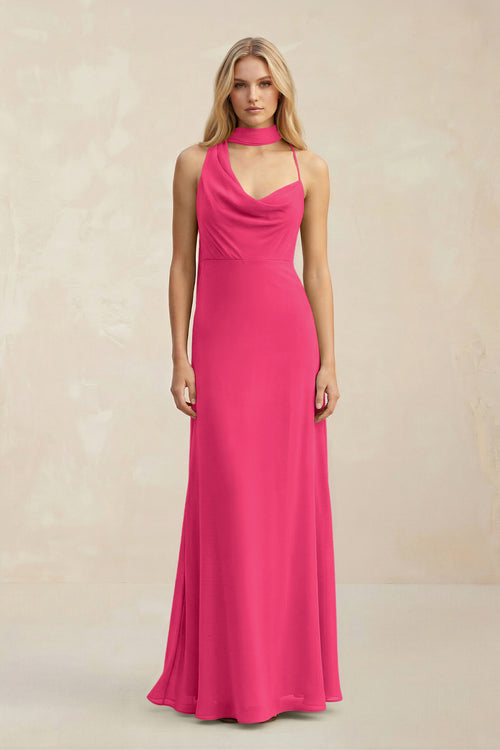 Cowl Neck Sheath Chiffon Maxi Bridesmaid Dress With Ribbon in Fuchsia | KISSBRIDAL