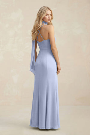 Cowl Neck Sheath Chiffon Maxi Bridesmaid Dress With Ribbon in Ice (2) | KISSBRIDAL