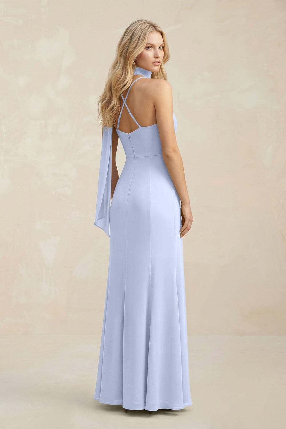 Cowl Neck Sheath Chiffon Maxi Bridesmaid Dress With Ribbon in Ice - KISS BRIDAL Bridesmaid Dresses