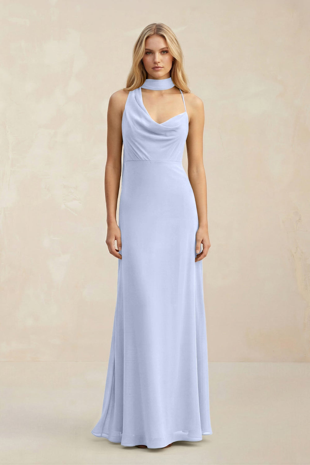 Cowl Neck Sheath Chiffon Maxi Bridesmaid Dress With Ribbon in Ice - KISS BRIDAL Bridesmaid Dresses