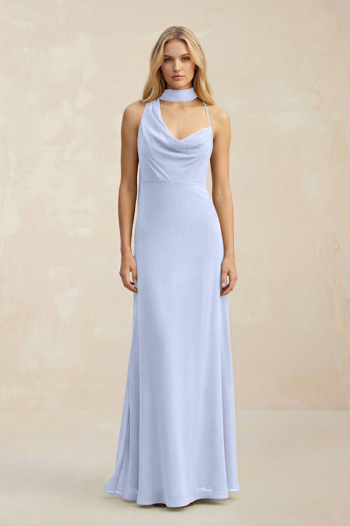 Cowl Neck Sheath Chiffon Maxi Bridesmaid Dress With Ribbon in Ice - SHE IS ME Bridesmaid Dresses