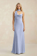 Cowl Neck Sheath Chiffon Maxi Bridesmaid Dress With Ribbon in Ice | KISSBRIDAL