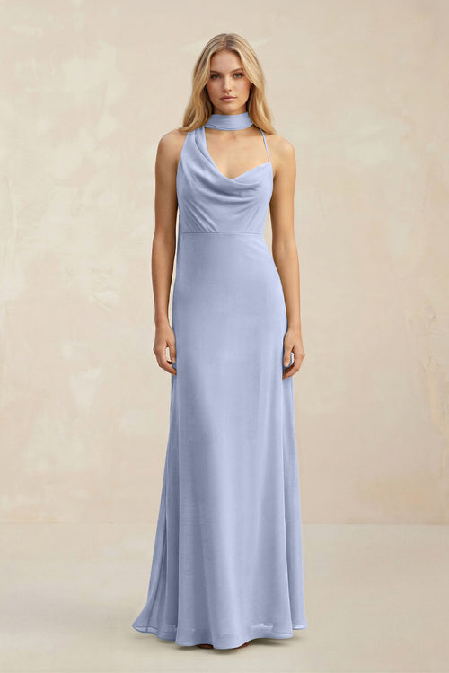 Cowl Neck Sheath Chiffon Maxi Bridesmaid Dress With Ribbon in Ice | KISSBRIDAL