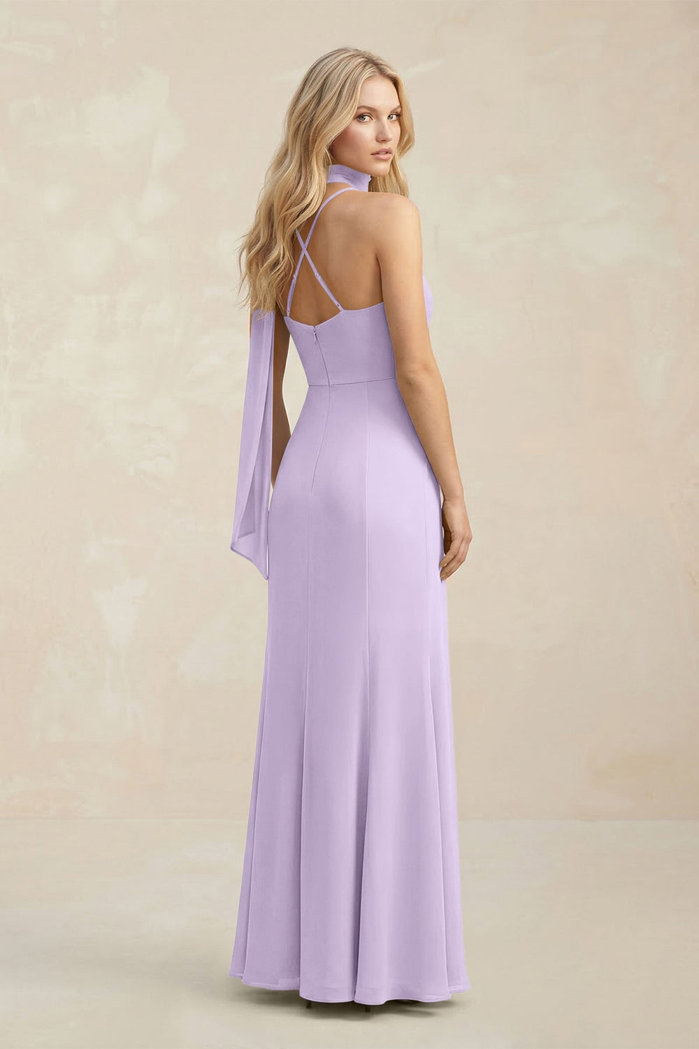 Cowl Neck Sheath Chiffon Maxi Bridesmaid Dress With Ribbon in Lavender - KISS BRIDAL Bridesmaid Dresses