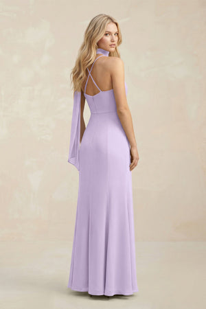 Cowl Neck Sheath Chiffon Maxi Bridesmaid Dress With Ribbon in Lavender - SHE IS ME Bridesmaid Dresses