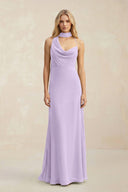 Cowl Neck Sheath Chiffon Maxi Bridesmaid Dress With Ribbon in Lavender - SHE IS ME Bridesmaid Dresses