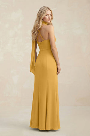 Cowl Neck Sheath Chiffon Maxi Bridesmaid Dress With Ribbon in Marigold - SHE IS ME Bridesmaid Dresses