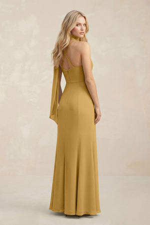 Cowl Neck Sheath Chiffon Maxi Bridesmaid Dress With Ribbon in Marigold (2) | KISSBRIDAL