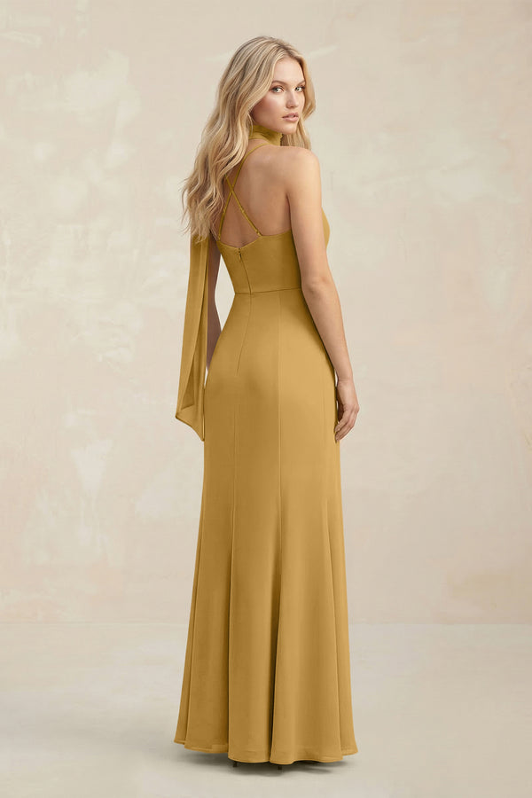 Cowl Neck Sheath Chiffon Maxi Bridesmaid Dress With Ribbon in Marigold (2) | KISSBRIDAL