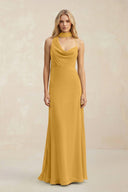 Cowl Neck Sheath Chiffon Maxi Bridesmaid Dress With Ribbon in Marigold - SHE IS ME Bridesmaid Dresses
