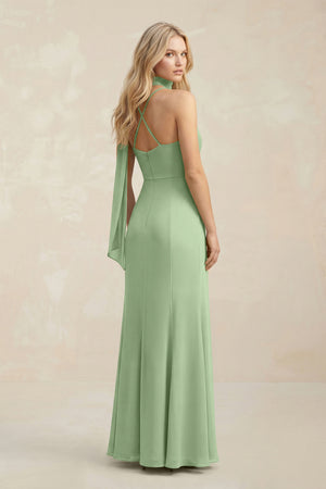 Cowl Neck Sheath Chiffon Maxi Bridesmaid Dress With Ribbon in Matcha (2) | KISSBRIDAL