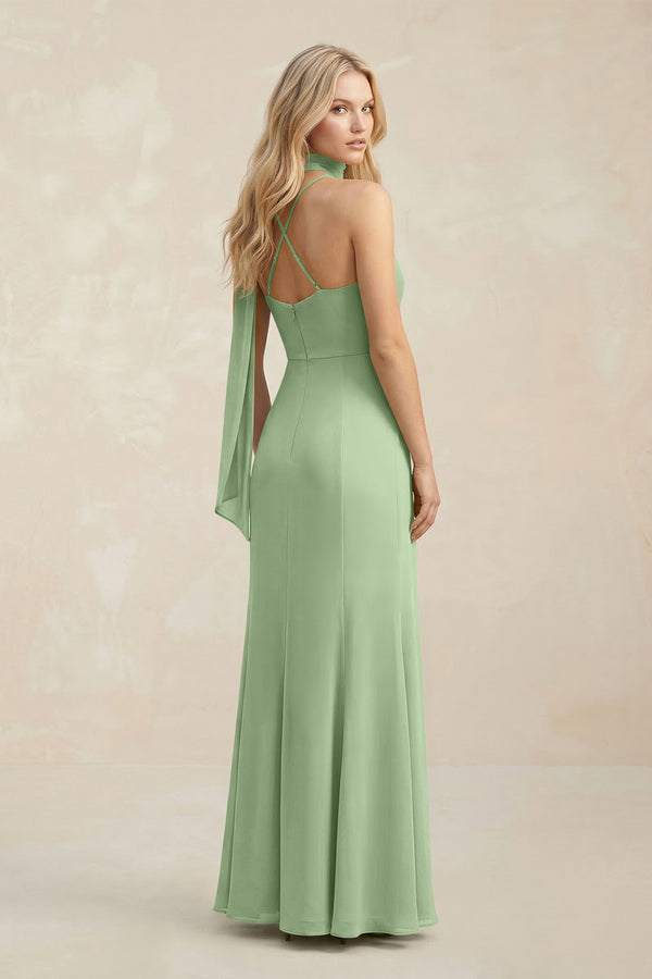 Cowl Neck Sheath Chiffon Maxi Bridesmaid Dress With Ribbon in Matcha (2) | KISSBRIDAL