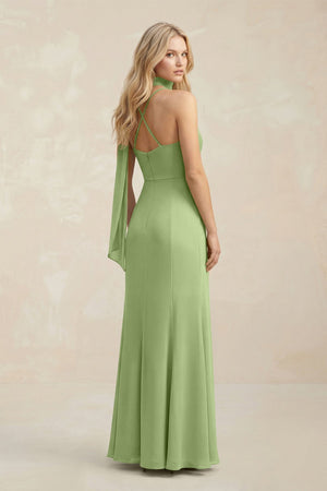 Cowl Neck Sheath Chiffon Maxi Bridesmaid Dress With Ribbon in Matcha - SHE IS ME Bridesmaid Dresses