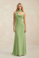 Cowl Neck Sheath Chiffon Maxi Bridesmaid Dress With Ribbon in Matcha - SHE IS ME Bridesmaid Dresses