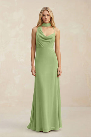 Cowl Neck Sheath Chiffon Maxi Bridesmaid Dress With Ribbon in Matcha - SHE IS ME Bridesmaid Dresses