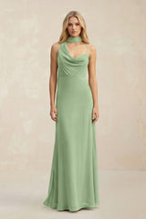 Cowl Neck Sheath Chiffon Maxi Bridesmaid Dress With Ribbon in Matcha | KISSBRIDAL
