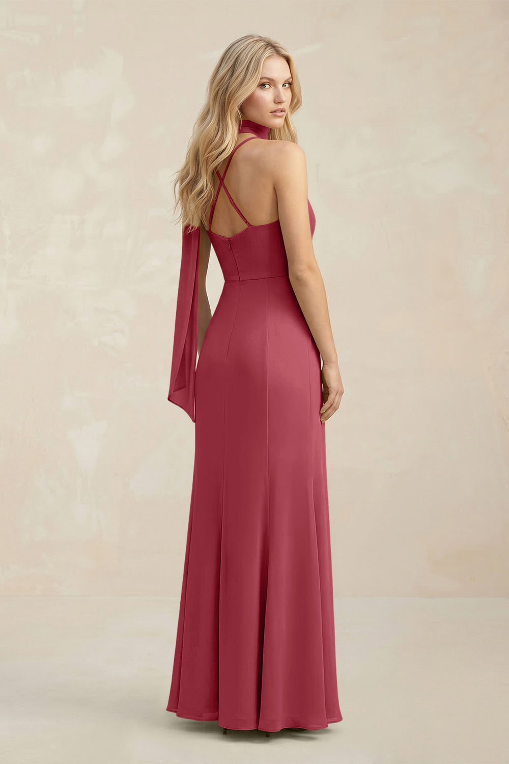 Cowl Neck Sheath Chiffon Maxi Bridesmaid Dress With Ribbon in Merlot