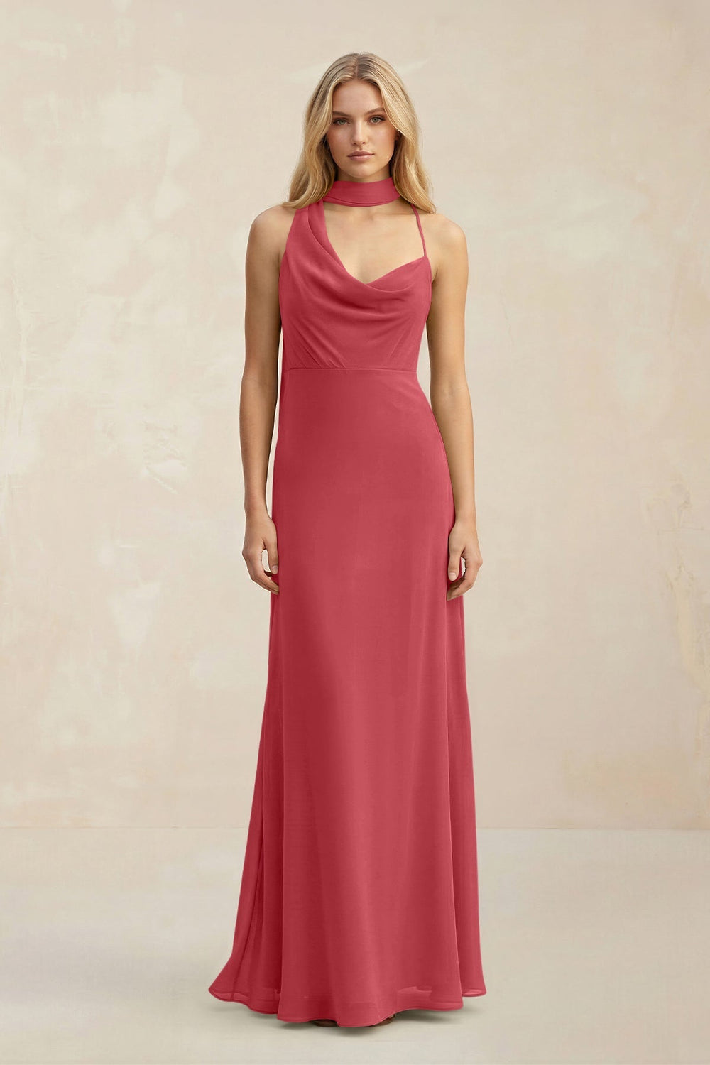 Cowl Neck Sheath Chiffon Maxi Bridesmaid Dress With Ribbon in Merlot - KISS BRIDAL Bridesmaid Dresses