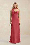 Cowl Neck Sheath Chiffon Maxi Bridesmaid Dress With Ribbon in Merlot - SHE IS ME Bridesmaid Dresses