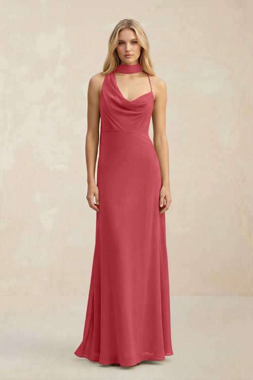 Cowl Neck Sheath Chiffon Maxi Bridesmaid Dress With Ribbon in Merlot - SHE IS ME Bridesmaid Dresses