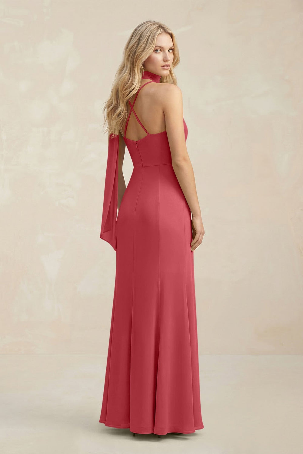Cowl Neck Sheath Chiffon Maxi Bridesmaid Dress With Ribbon in Merlot - KISS BRIDAL Bridesmaid Dresses