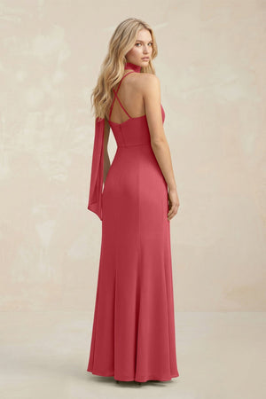 Cowl Neck Sheath Chiffon Maxi Bridesmaid Dress With Ribbon in Merlot - SHE IS ME Bridesmaid Dresses