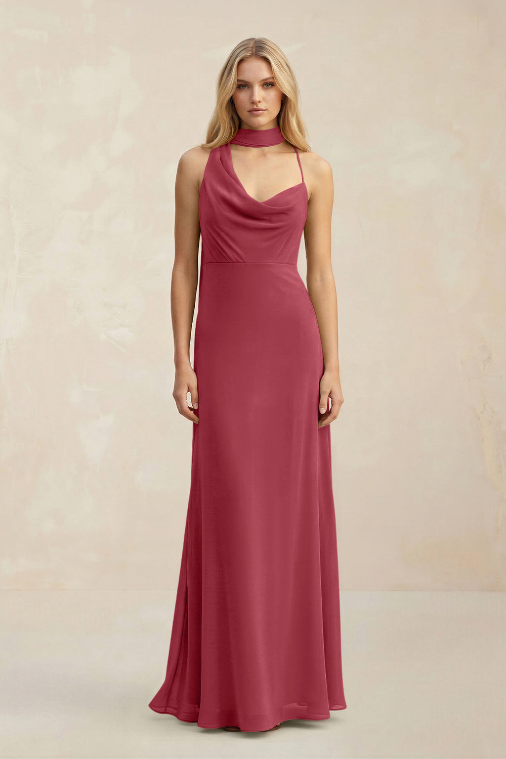 Cowl Neck Sheath Chiffon Maxi Bridesmaid Dress With Ribbon in Merlot