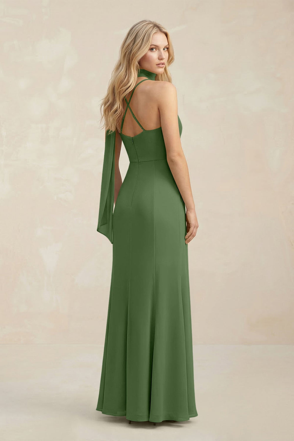Cowl Neck Sheath Chiffon Maxi Bridesmaid Dress With Ribbon in Moss - KISS BRIDAL Bridesmaid Dresses