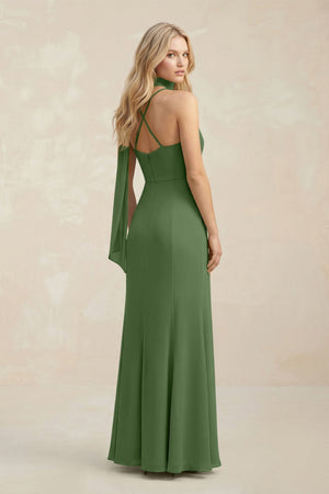 Cowl Neck Sheath Chiffon Maxi Bridesmaid Dress With Ribbon in Moss - SHE IS ME Bridesmaid Dresses