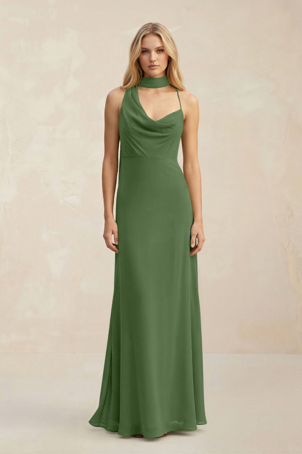 Cowl Neck Sheath Chiffon Maxi Bridesmaid Dress With Ribbon in Moss - KISS BRIDAL Bridesmaid Dresses