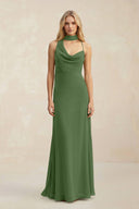 Cowl Neck Sheath Chiffon Maxi Bridesmaid Dress With Ribbon in Moss - SHE IS ME Bridesmaid Dresses